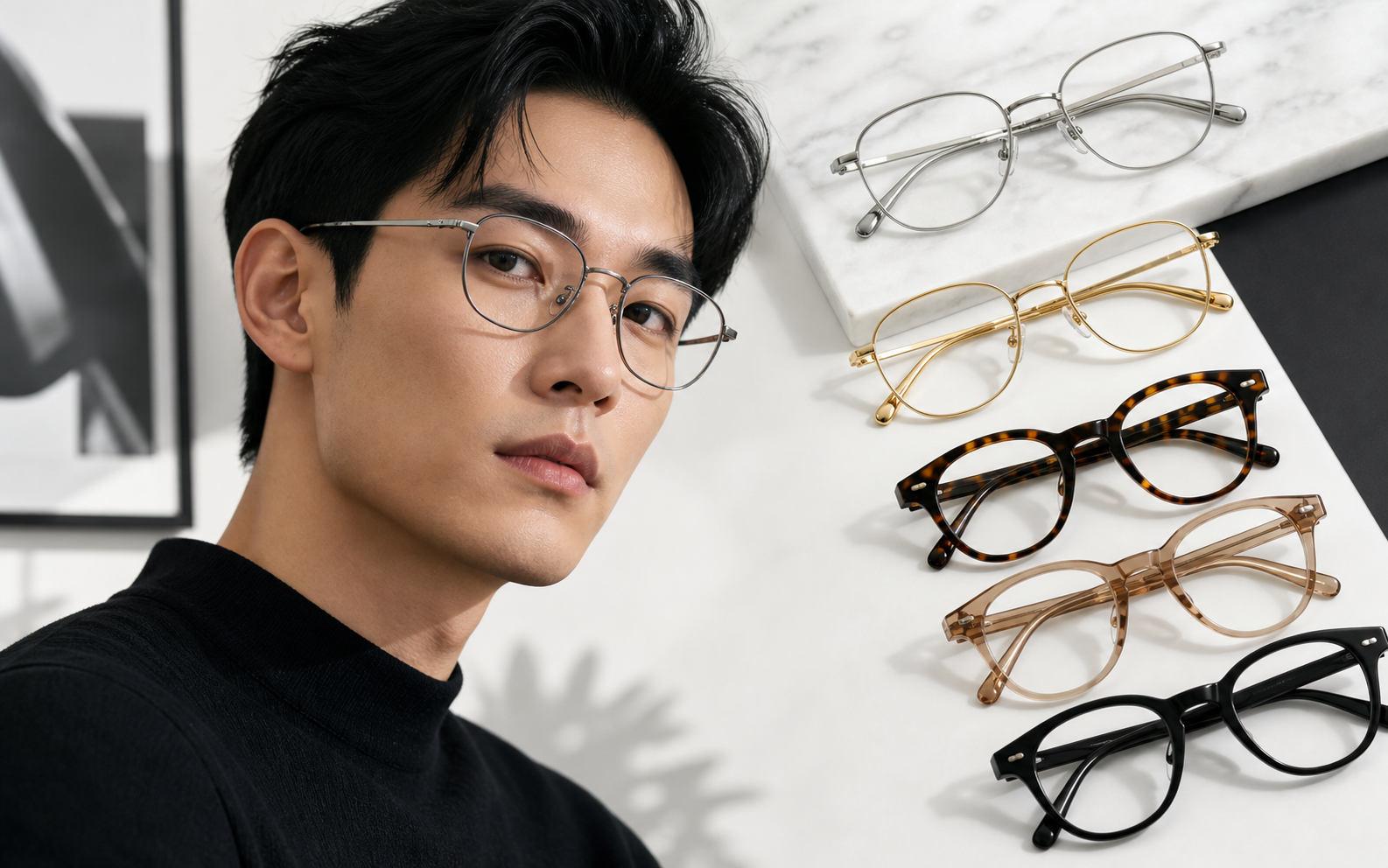 Selection of silver, gold, tortoise, translucent and black eyeglass frames