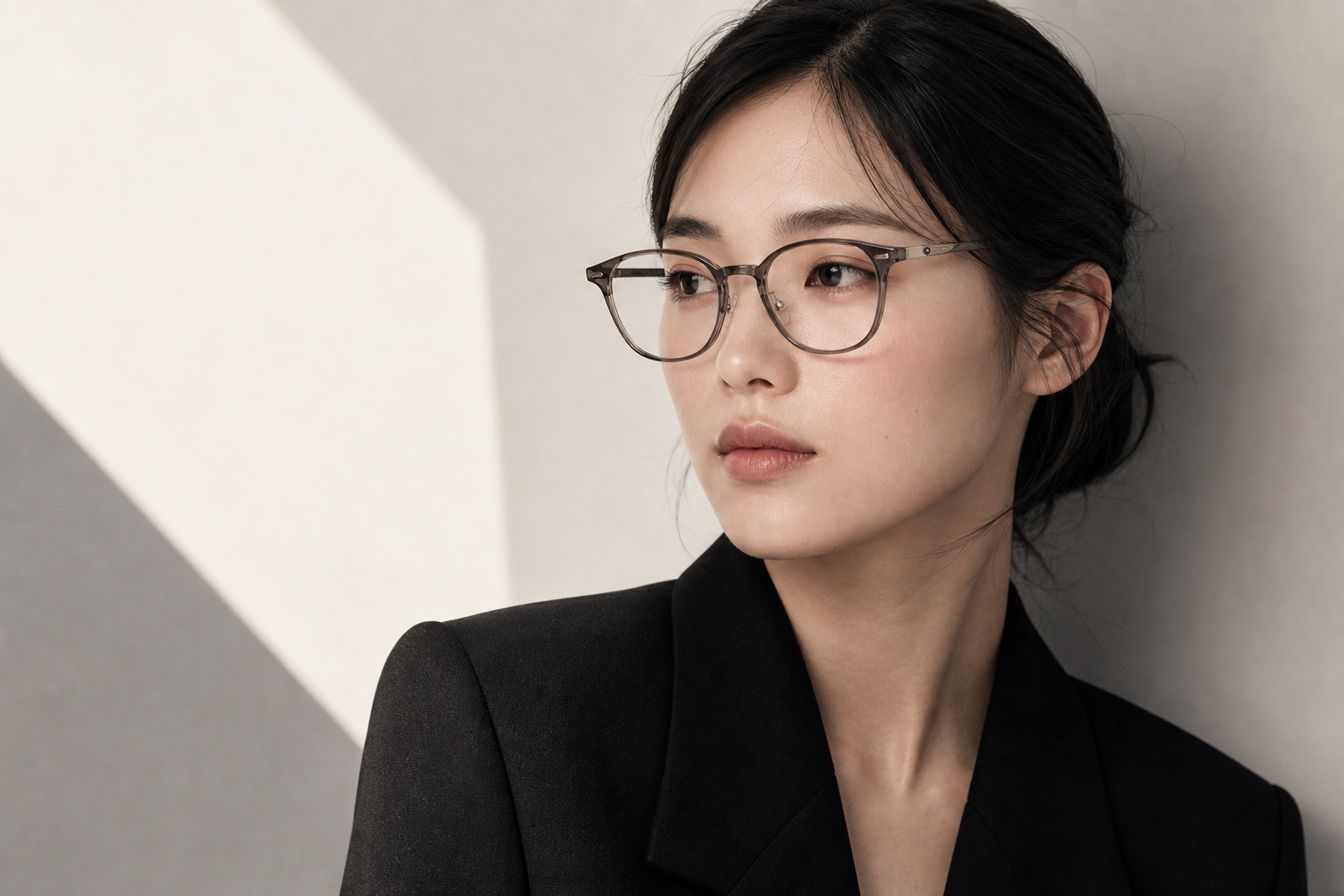 Korean-style low bridge glasses worn by an East Asian model