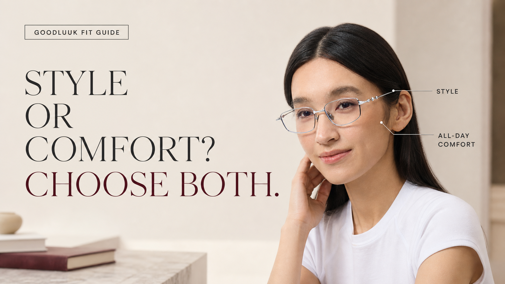 Asian woman wearing stylish and comfortable GOODLUUK eyeglasses
