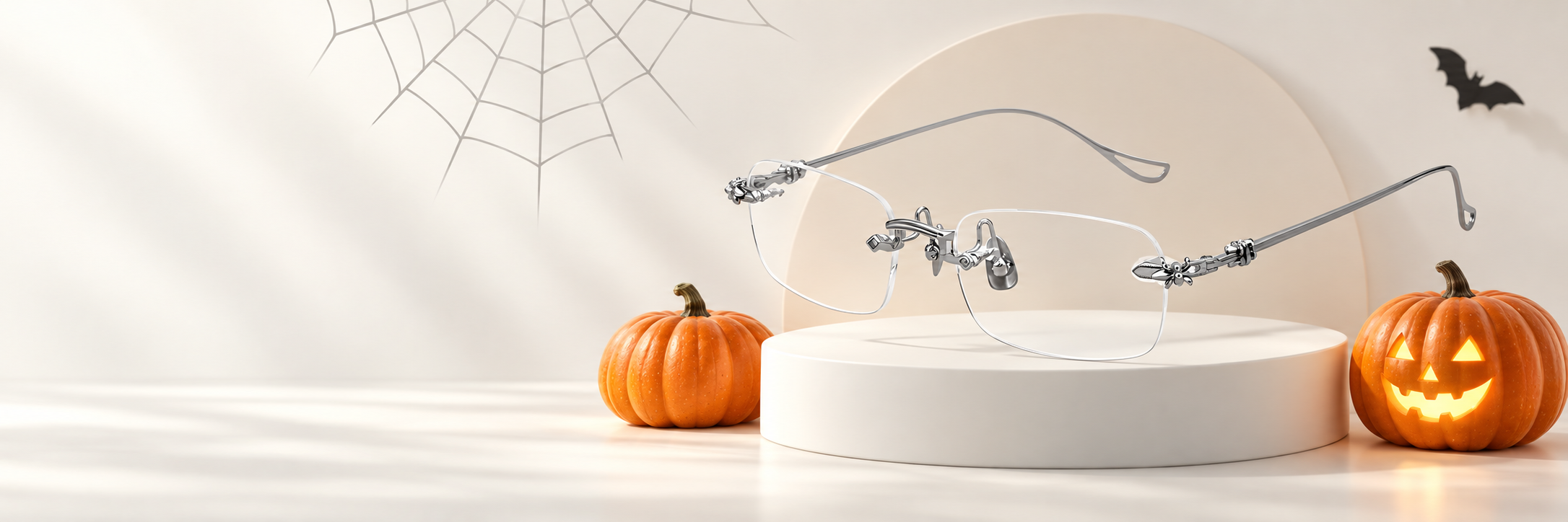 KAELON silver rimless glasses on a Halloween display