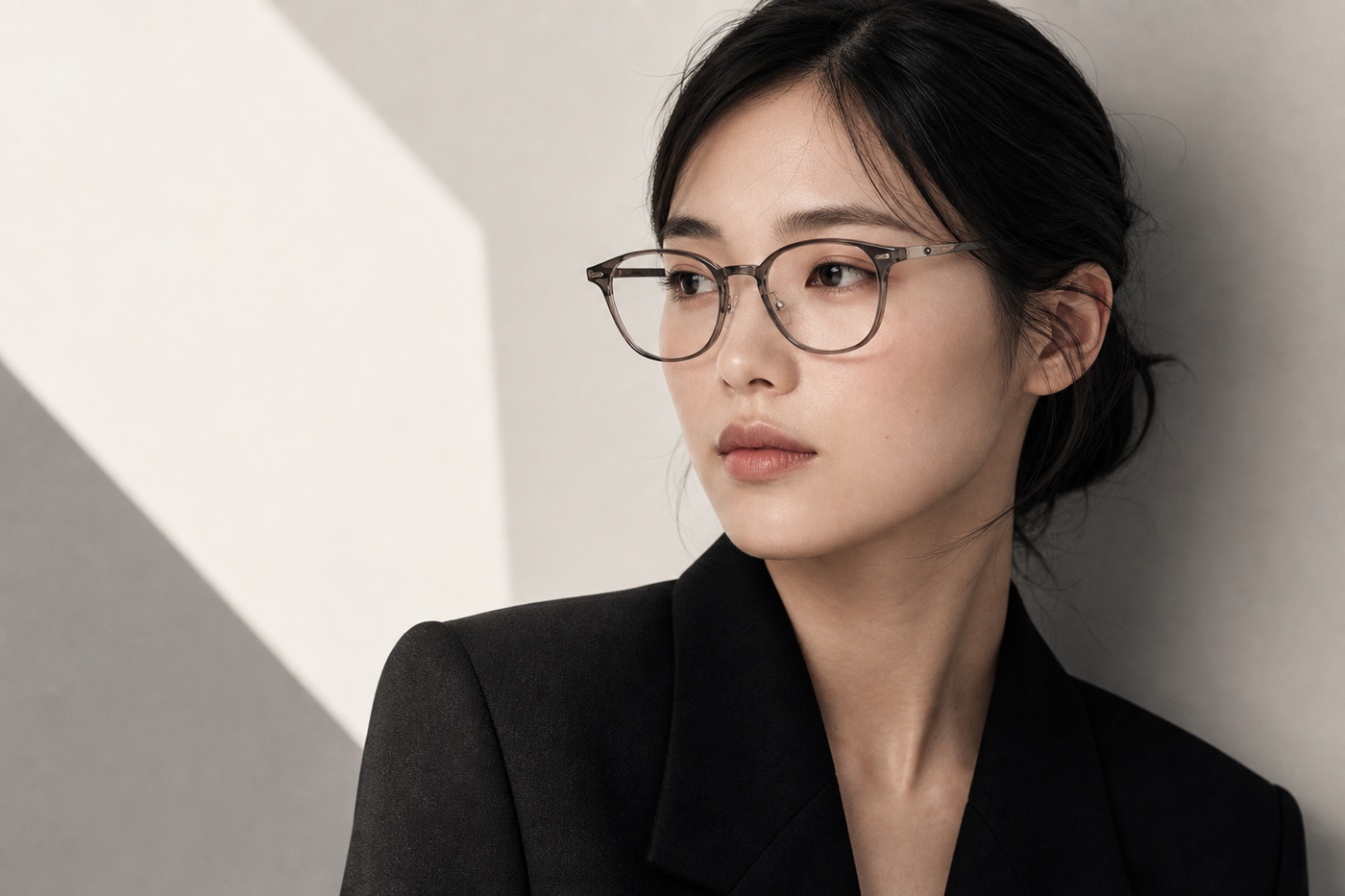 Korean-style low bridge glasses worn by an East Asian model